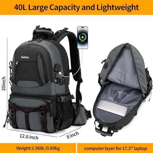 NerIion Nerlion 40L Hiking Backpack Travel Backpack for Men Women Camping Waterproof Outdoor Hiking Daypack Lightweight Backpack (Dark Gray) - Image 3