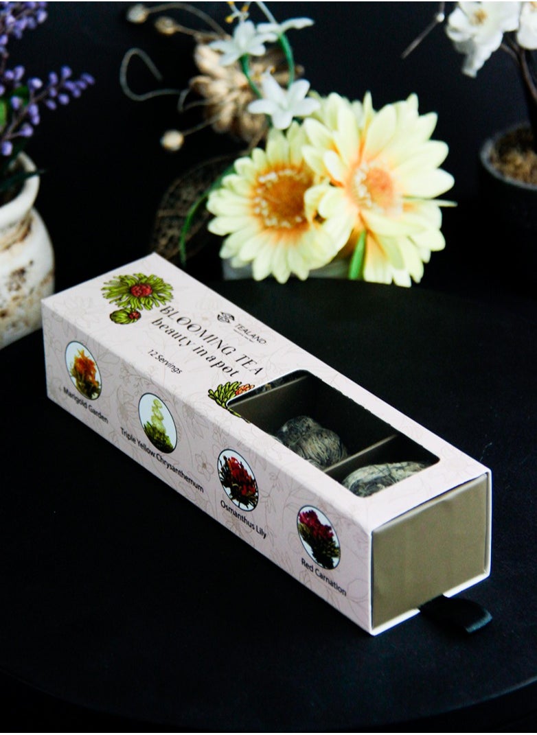 Blooming Tea Gold Gift Box Hand Rolled Flowering Tea Balls Non-Caffeinated 100% Natural Ingredients Stress Relief & Health Support