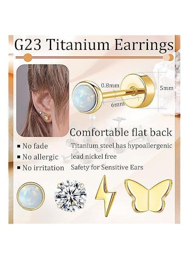 Generic Titanium Earrings for Sensitive Ears G23 Pure Titanium Stud Earrings for Women erfly Lightning Opal CZ Earrings Titanium Studs Hypoallergenic 20G Flat Back Stud Earrings  - Image 2