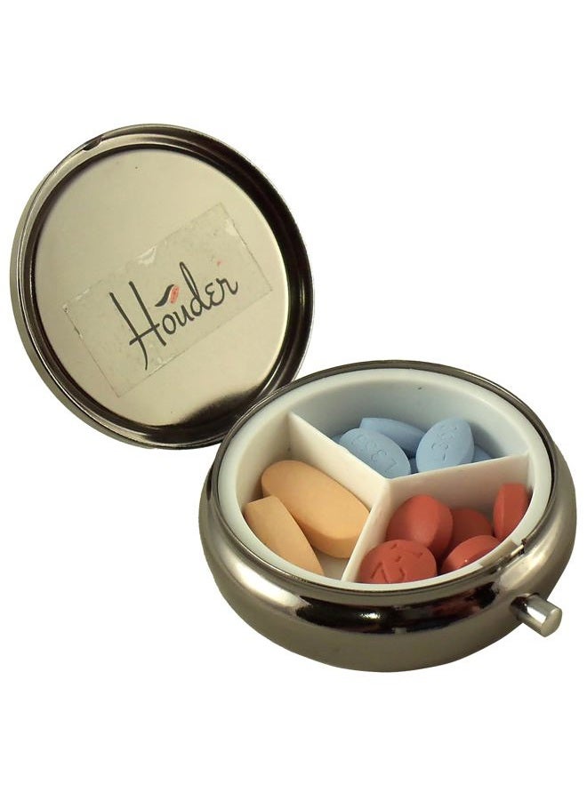 Houder Classy Gray Metal Pill Box Decorative Pill Case with Gift Box - Carry Your Meds in Style (Round) - Image 3