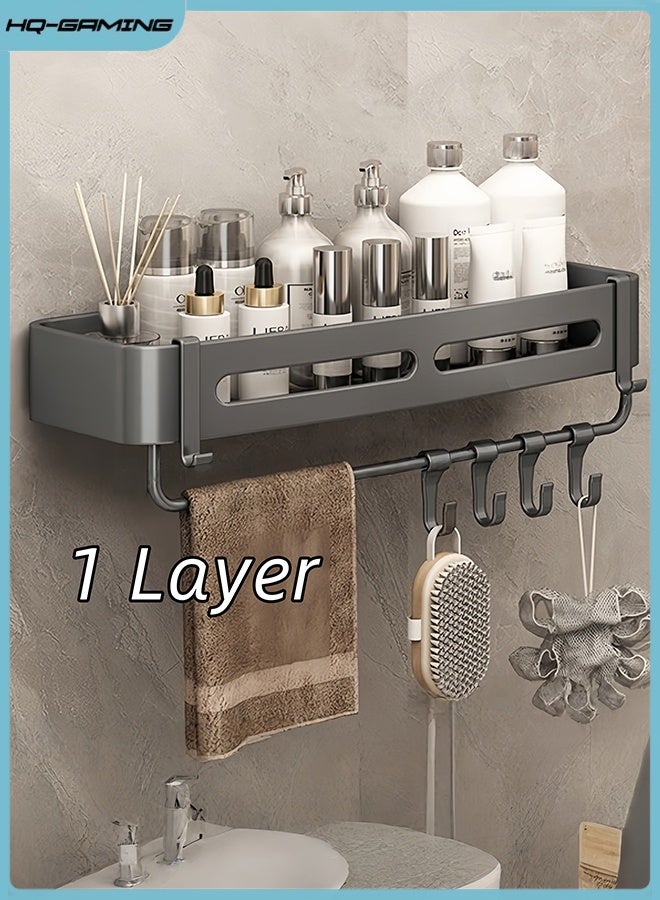 إتش كيو جيمنغ حامل دش، رف حمام، منظمات دش الحمام، رف تخزين دش مقاوم للصدأ مثبت على الحائط مع رف برج وخطافات، رفوف دش من الألومنيوم المقاوم للصدأ، حامل شامبو منظم (عبوة واحدة) - Image 1