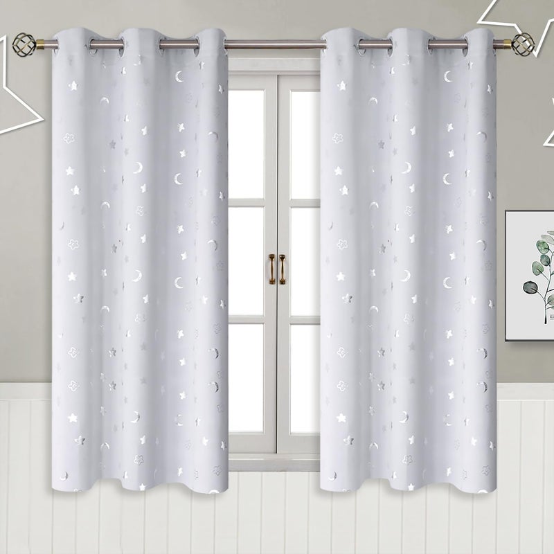 BGment ستائر أطفال BGment لغرفة الأطفال قصيرة بنمط النجوم والقمر ستائر معتمة لغرفة النوم بطول 54 بوصة ستائر نافذة معزولة حرارياً للأولاد والبنات باللون الرمادي الفاتح والأبيض بعرض 42 بوصة 2 لوحات