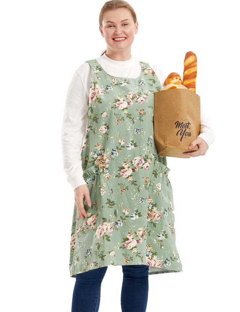 APRONNER Big Plus Size Aprons for Women with Pockets Cotton Linen Baking Kitchen Cooking Rose Flowers