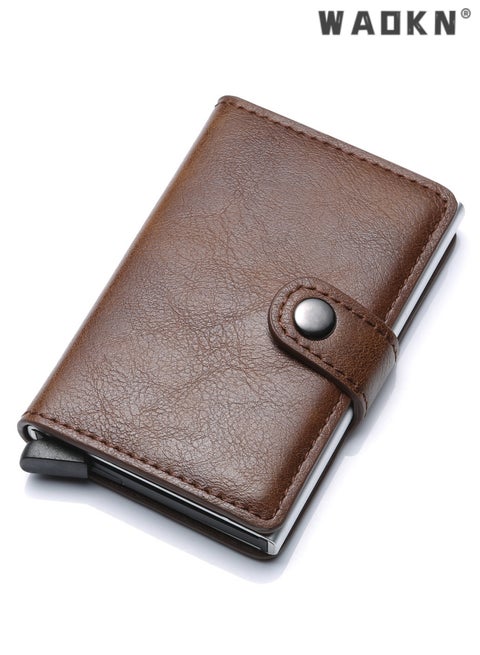 Automatic PU Leather Credit Card Holder，Men’s RFID Blocking Wallet Card Holder Pu Leather Card Wallet Pu Leather Automatic Minimalist Slim Metal Card Organizer Brown