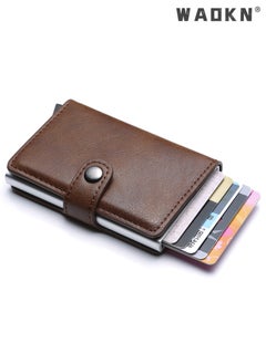 WAOKN Automatic PU Leather Credit Card Holder，Men’s RFID Blocking Wallet Card Holder Pu Leather Card Wallet Pu Leather Automatic Minimalist Slim Metal Card Organizer Brown  - Image 3