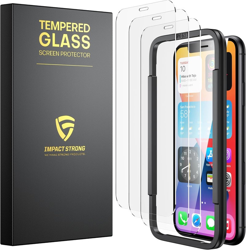 ImpactStrong Shatterproof Tempered Glass Screen Protector for iPhone 11 / iPhone XR [Easy Installation Frame] [Bubble Free] [9H Hardness] [Full Coverage] Case Friendly, 6.1 Inch - (3-Pack) - Image 1