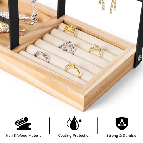 DreamGenius Jewelry Organizer Stand with Velvet Ring Holder, 4 Tier Jewelry Holder Organizer with 11 Hooks for Necklaces and 132 Holes for Earrings, Black - Image 4