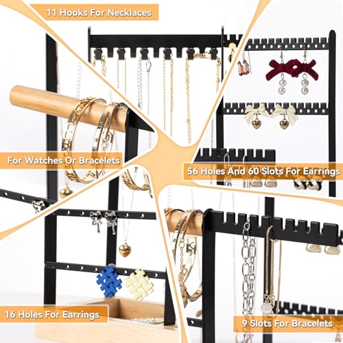DreamGenius Jewelry Organizer Stand with Velvet Ring Holder, 4 Tier Jewelry Holder Organizer with 11 Hooks for Necklaces and 132 Holes for Earrings, Black - Image 5