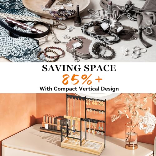 DreamGenius Jewelry Organizer Stand with Velvet Ring Holder, 4 Tier Jewelry Holder Organizer with 11 Hooks for Necklaces and 132 Holes for Earrings, Black - Image 2