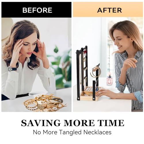DreamGenius Jewelry Organizer Stand with Velvet Ring Holder, 4 Tier Jewelry Holder Organizer with 11 Hooks for Necklaces and 132 Holes for Earrings, Black - Image 3