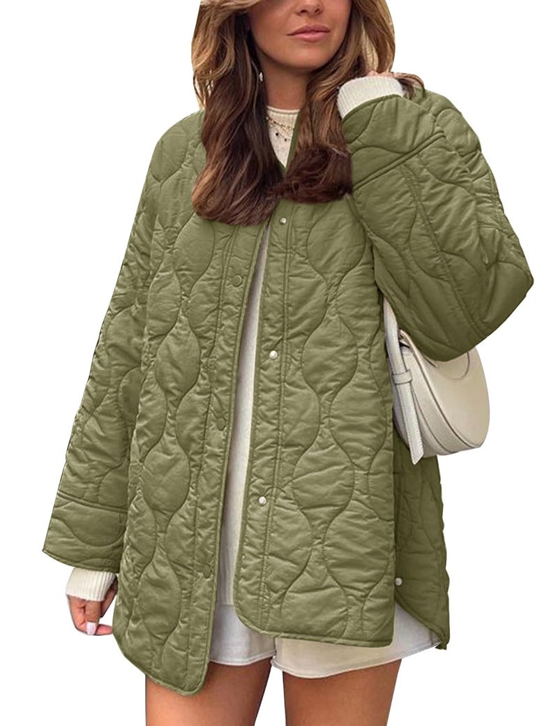Flygo Women's Oversized Quilted Lightweight Jacket Button Down Puffer Padded Outerwear with Pocket(Green-XL) - Image 1