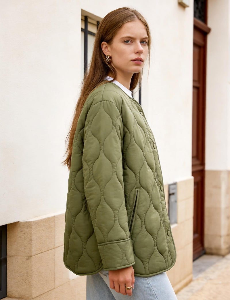 Flygo Women's Oversized Quilted Lightweight Jacket Button Down Puffer Padded Outerwear with Pocket(Green-XL) - Image 5