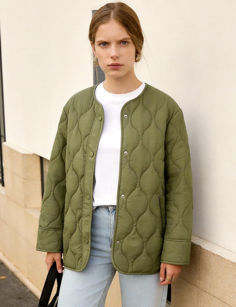 Flygo Women's Oversized Quilted Lightweight Jacket Button Down Puffer Padded Outerwear with Pocket(Green-XL) - Image 3