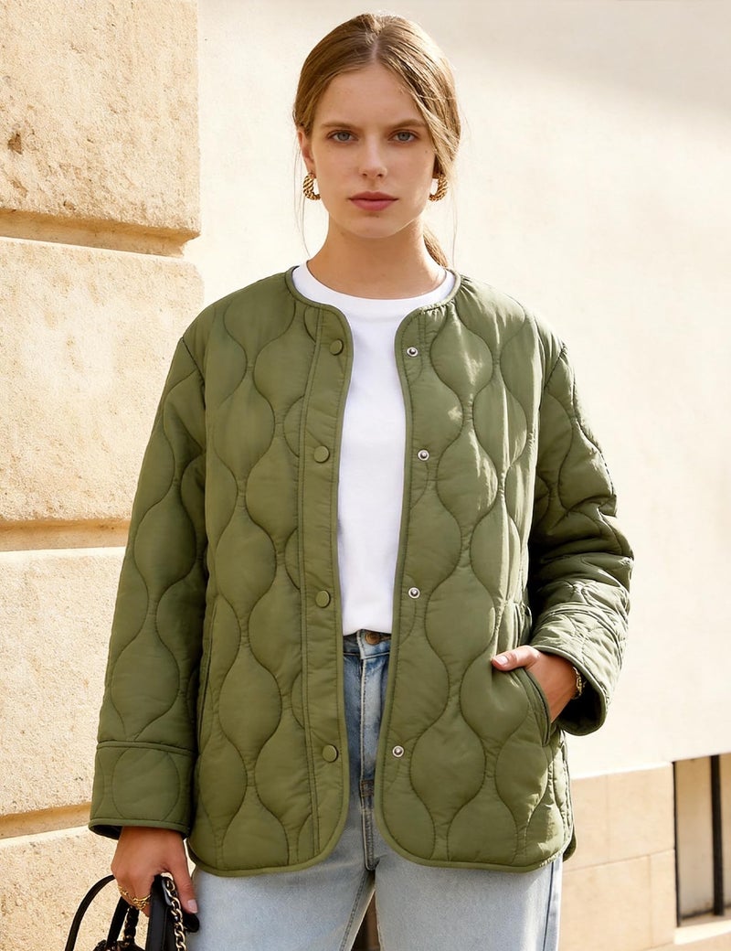 Flygo Women's Oversized Quilted Lightweight Jacket Button Down Puffer Padded Outerwear with Pocket(Green-XL) - Image 4