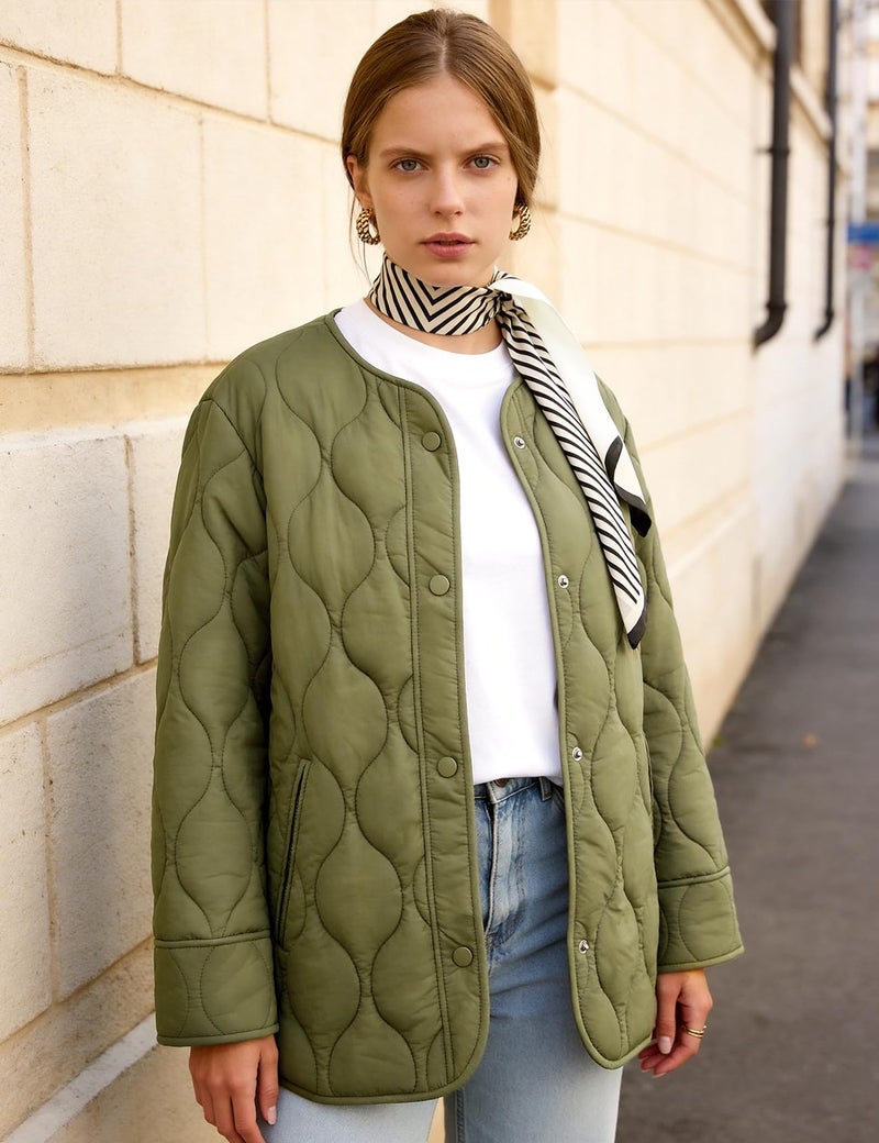Flygo Women's Oversized Quilted Lightweight Jacket Button Down Puffer Padded Outerwear with Pocket(Green-XL) - Image 2