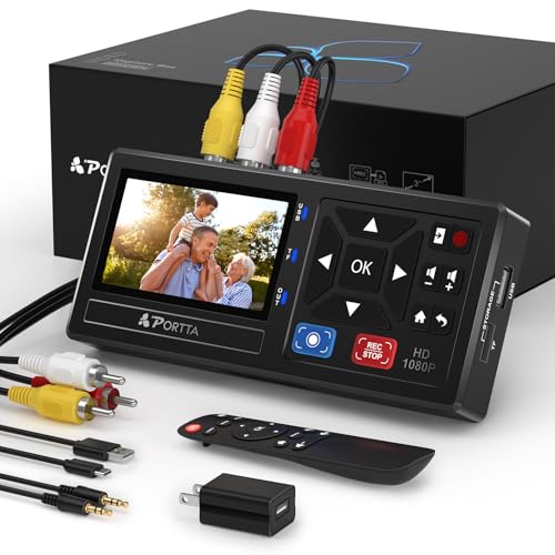 Portta محول بورتا من VHS إلى رقمي، مسجل فيديو رقمي مع جهاز تحكم عن بعد، متوافق مع VHS، VCR، DVR، DVD، Hi8، مشغلات Mini DV، كاميرات الفيديو، وحدات التحكم في الألعاب (الأشرطة/مشغل DVD غير مدرج) - Image 1