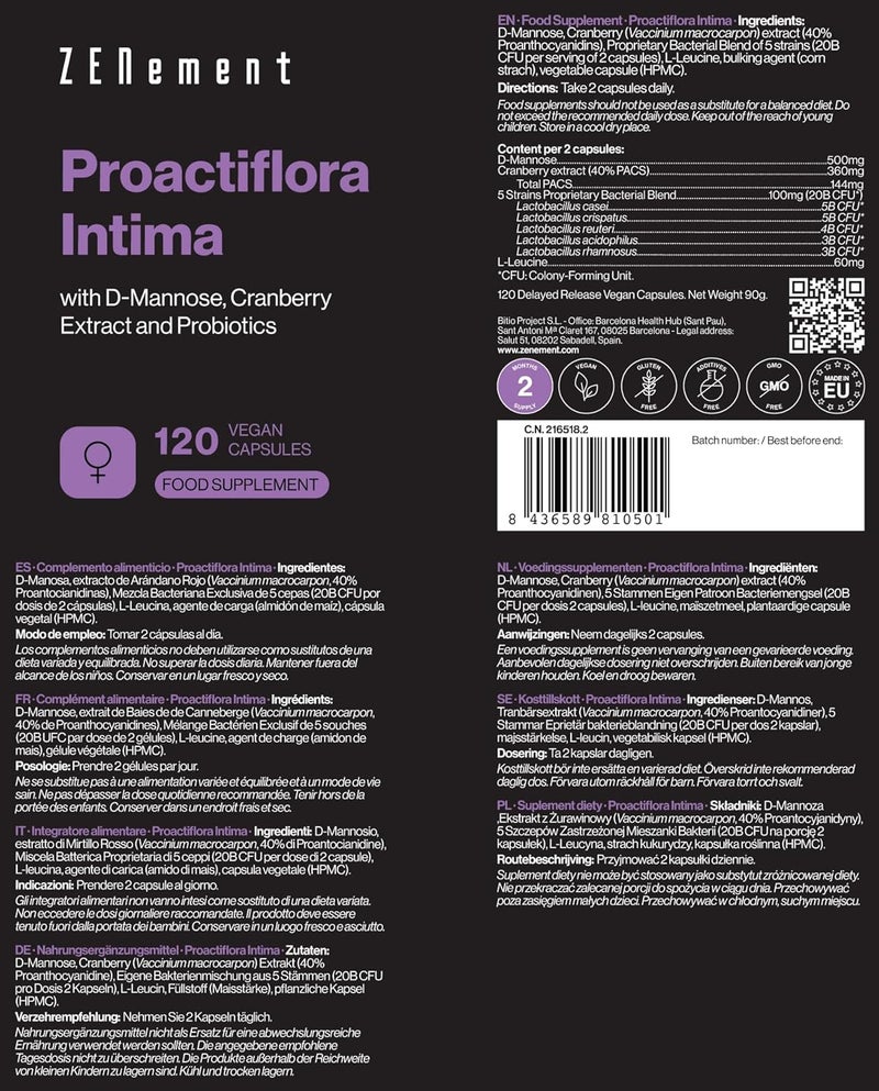 Zenement Proactiflora Intima â€“ with D-Mannose, Cranberry & 5 Probiotic Strains â€“ 120 Vegan Capsules, No Additives, Non-GMO, Gluten-Free, Lactose-Free, Soy-Free â€“ Zenement - Image 4