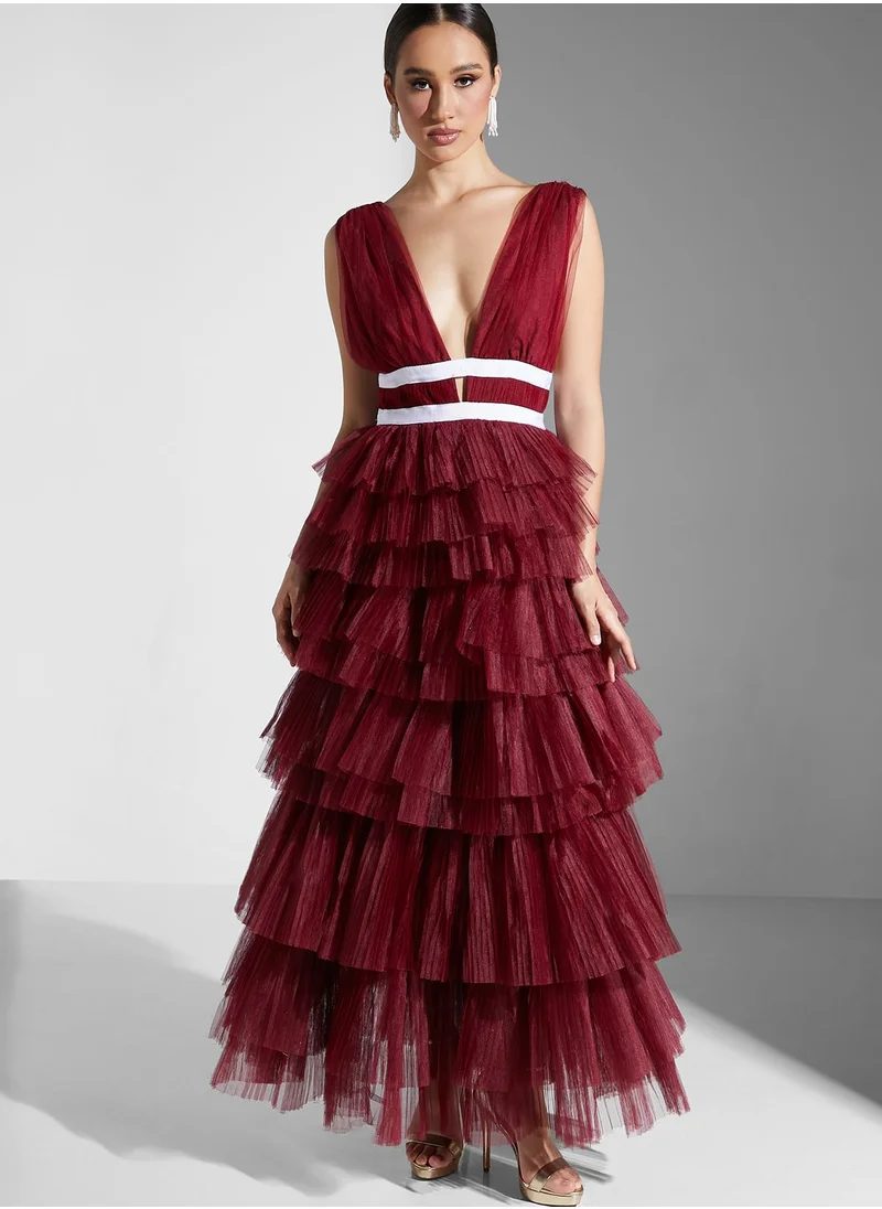 True Decadence Plunge Front Tulle Layered Maxi Dress