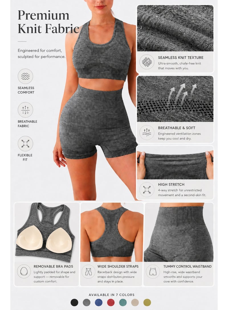 Women's Seamless 2 Piece Workout Set, Ribbed Sports Bra & High Waisted Gym Shorts, Yoga Fitness Activewear - Image 2