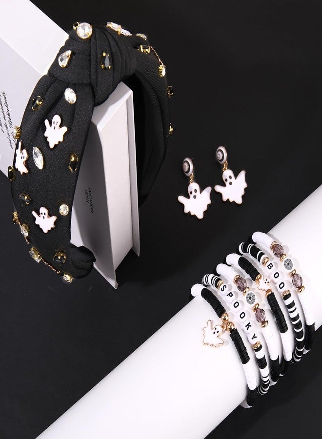 CEALXHENY Halloween Headbands for Women, Jeweled Ghost Candy Corn Knotted Headband, Halloween Bracelets Stack Earrings Hair Accessories Outfits (Pattern A) - Image 2