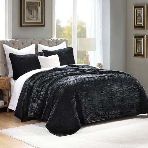 AJOCCI Luxury Velvet Queen Comforter Set, Black Queen Size Comforter Sets, Black Queen Quilt Bedding Set, Luxurious Plush Bedspreaqd Sets, Soft Lightweight Quilts Queen Size for All Season - Image 2