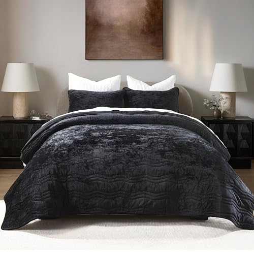 AJOCCI Luxury Velvet Queen Comforter Set, Black Queen Size Comforter Sets, Black Queen Quilt Bedding Set, Luxurious Plush Bedspreaqd Sets, Soft Lightweight Quilts Queen Size for All Season - Image 1