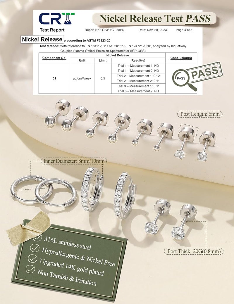 Jstyle Ear jewellery for sensitive ears, hypoallergenic surgical steel, 14K gold, flat back, women, men, small stainless steel stud ring, cartilage set, various piercings - Image 5