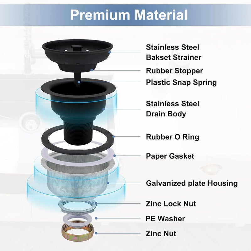 Zm Kitchen Sink Stainless Steel Deep Locking Basket Strainer with Drain Assembly,Black, 3-1/2 Inch Sink Drain Stopper Plug - Image 3