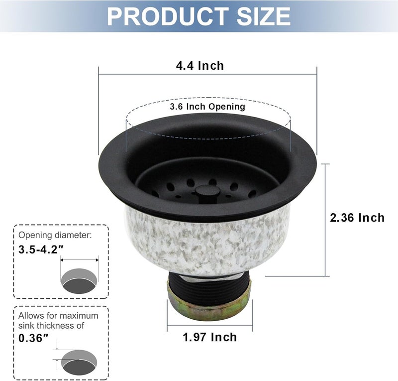 Zm Kitchen Sink Stainless Steel Deep Locking Basket Strainer with Drain Assembly,Black, 3-1/2 Inch Sink Drain Stopper Plug - Image 4