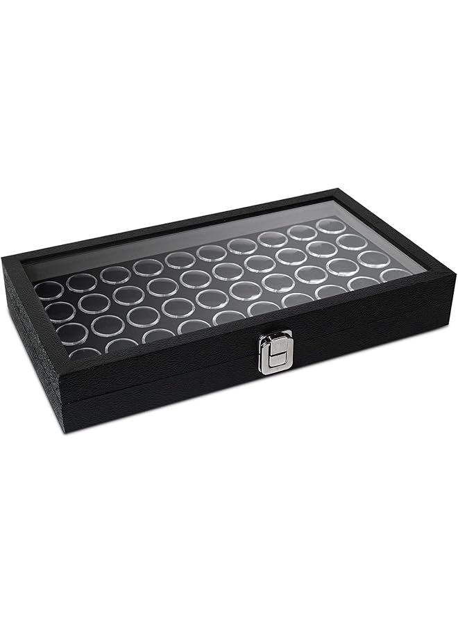 The Bros Black Glass Top Jewelry Display Case Box 50 Gem Jars, Ring Box, Jewelry Organizer, Gem jar storage for Jewelry, Jewelry tray with Glass Top, Glass Display Box, Jewelry storage Tray with Ge  - Image 1