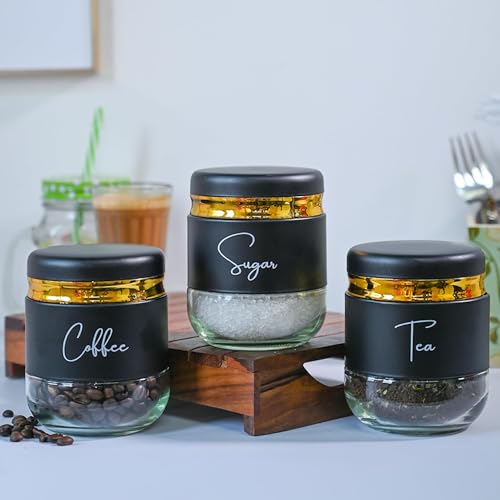 Mivana Black 350ML Glass Food Storage Airtight Tea Coffee Sugar containers for Kitchen Storage Container with Lid for Tea Coffee & Sugar, Dry Fruit Jars, Storage Box, Set of 3 (3, mt-13) - Image 1