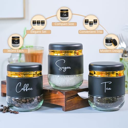 Mivana Black 350ML Glass Food Storage Airtight Tea Coffee Sugar containers for Kitchen Storage Container with Lid for Tea Coffee & Sugar, Dry Fruit Jars, Storage Box, Set of 3 (3, mt-13) - Image 3