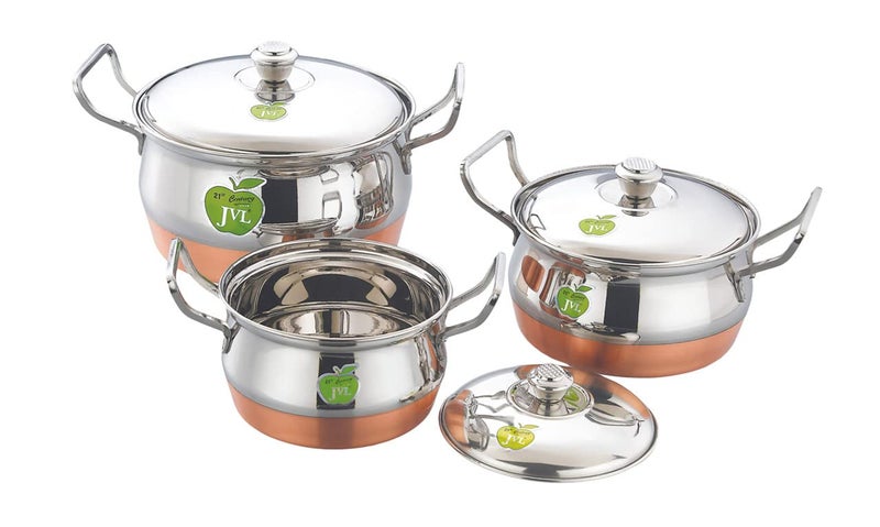 JVL Stainless Steel Copper Bottom PotHandi with Lid Handle Set 850 1300 2200 ml 3Piece Copper Bottom Handi Set for Cooking Handi for Cooking and Serving JVLAPCU1 - Image 1