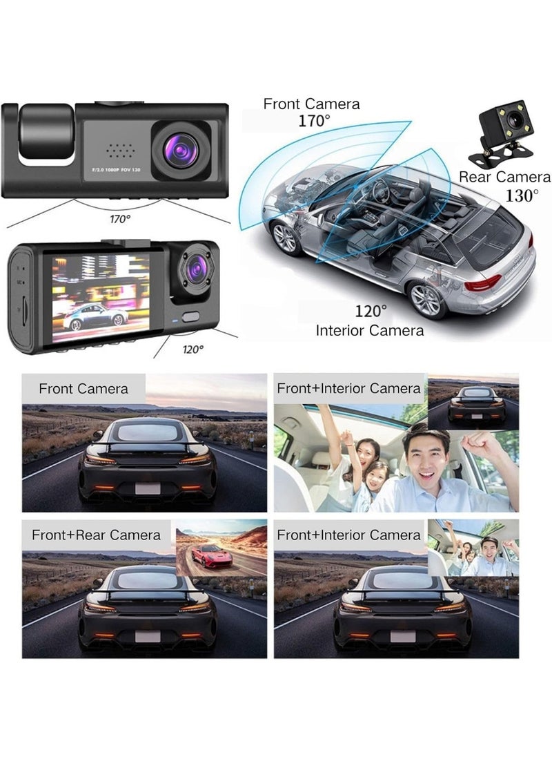 JAJEEK 3 Channel Dash Cam Front and Rear with Interior – 1080P Full HD Car Camera System Featuring Ultra-Wide Angles (170°, 130°, 120°), IR Night Vision, 32GB SD Card Included, Loop Recording, G-Sensor Collision Detection, and 24-Hour Parking Monitor – Perfect for Cars, Taxis, and Trucks  - Image 3