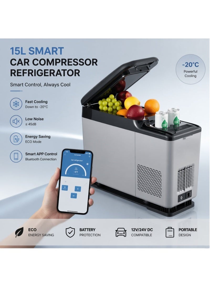 Crony CF15 15L Car Refrigerator with APP DC 12V for center armrest in car refrigerator with armrest vehicle freezer vehicle refrigerator Vehicle Refrigerator With App Control – Compressor Cooling From -20°C To 20°C, Dual Power (DC 12-24V & AC 100-240V), Energy-Efficient 45W, LCD Display, Compact 15L Design, Battery Protection, Trolley Wheels, Ideal For Car Center Armrest, Camping & Travel - Image 1