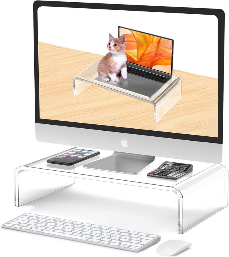 Beimu Acrylic Monitor Stand Riser L14''xW7.5''xH4'' Acrylic Laptop Stand for Desk Clear Computer Monitor Stand for Desk Accessories White Aesthetic Decorations for Office Home iMac Organizer - Image 1