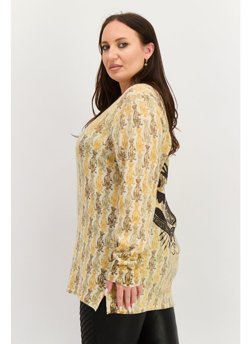 CHRISTIAN AUDIGIER Women V Neck Long Sleeve Allover Print Sweater, Off White Combo  - Image 4