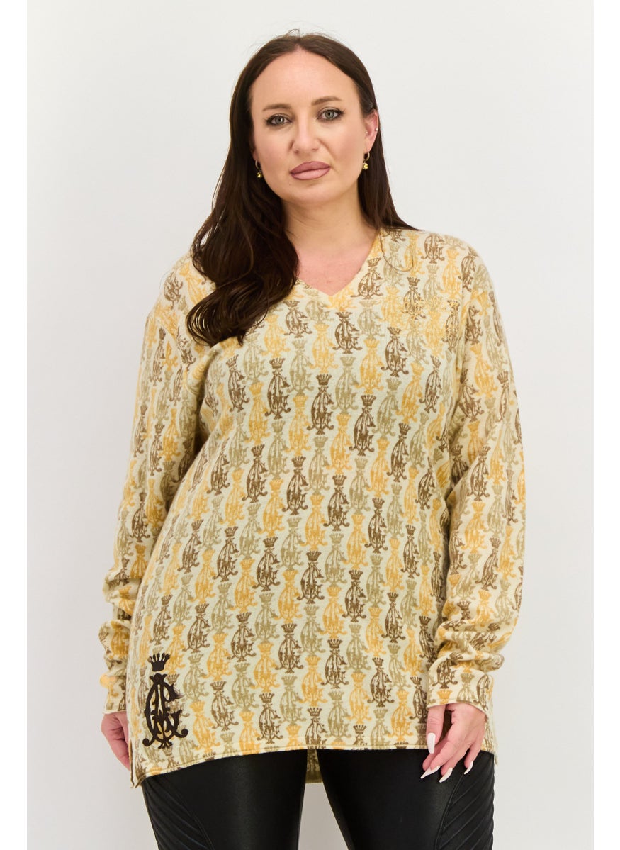 CHRISTIAN AUDIGIER Women V Neck Long Sleeve Allover Print Sweater, Off White Combo  - Image 1