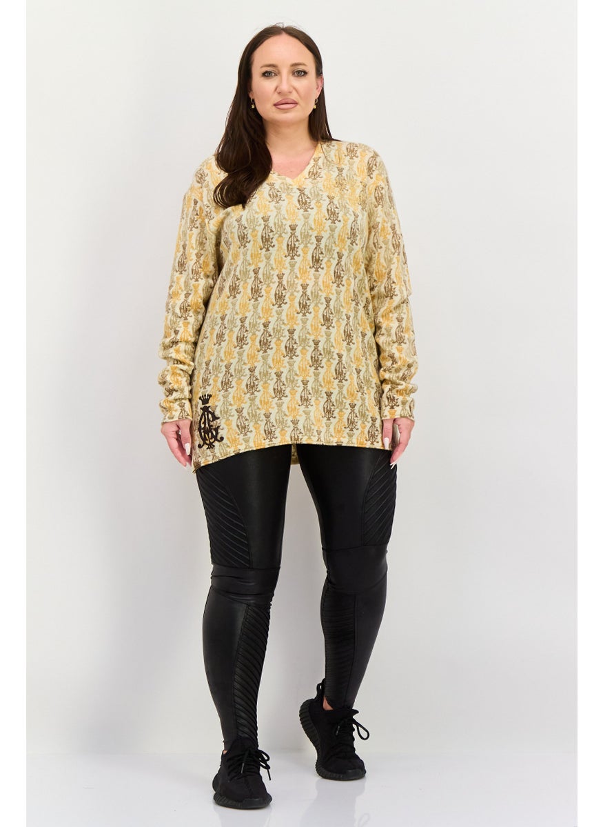 CHRISTIAN AUDIGIER Women V Neck Long Sleeve Allover Print Sweater, Off White Combo  - Image 2