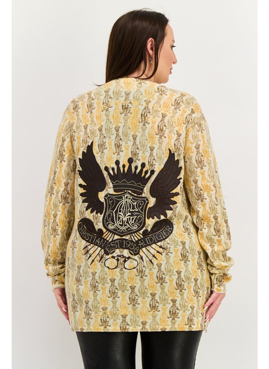 CHRISTIAN AUDIGIER Women V Neck Long Sleeve Allover Print Sweater, Off White Combo  - Image 3