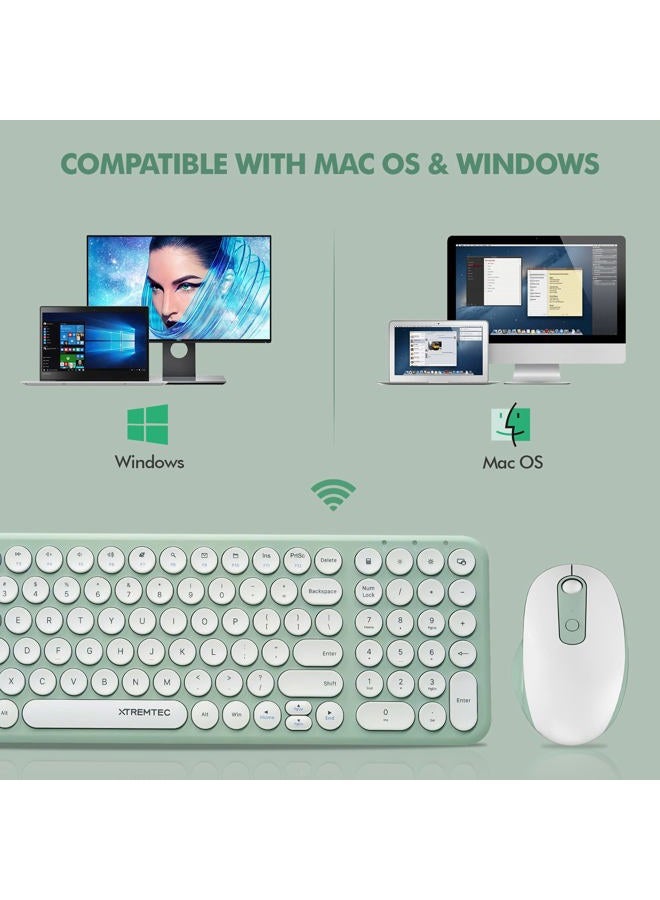 XTREMTEC Wireless Keyboard and Mouse, Compact Full Size Cute Keyboard Retro Round Keycap - 2.4GHz Ultra-Slim Quiet Aesthetic Keyboard for Laptop iMac Windows Computer (Macaron Green) - Image 5