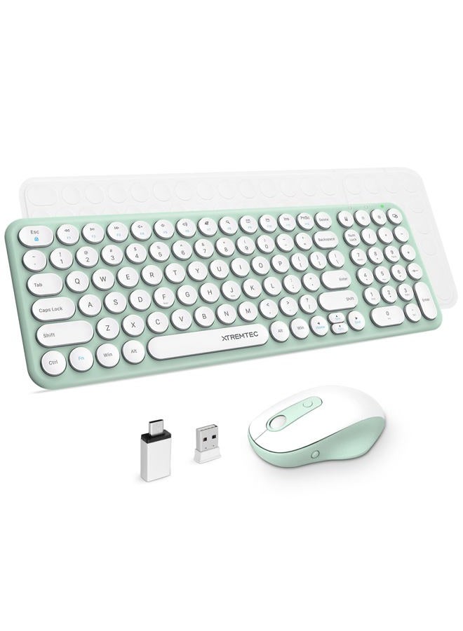 XTREMTEC Wireless Keyboard and Mouse, Compact Full Size Cute Keyboard Retro Round Keycap - 2.4GHz Ultra-Slim Quiet Aesthetic Keyboard for Laptop iMac Windows Computer (Macaron Green) - Image 1