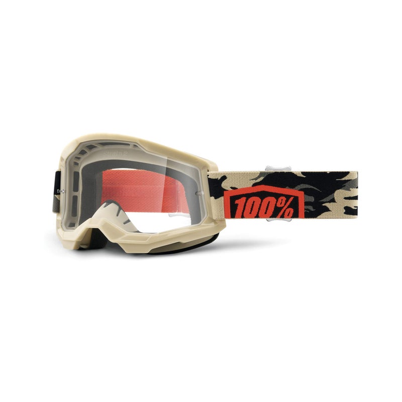 100% Strata 2 Motocross & Mountain Bike Goggles - MX and MTB Racing Protective Eyewear (Kombat - Clear Lens)