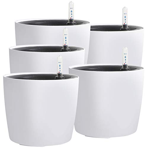 KINJOEK 5 Packs 7 Inch Self Watering Pot with Water Level Indicator, Modern Garden Decorative White Flower Pot, Flowers, African Violets, Succulents, White - Image 1