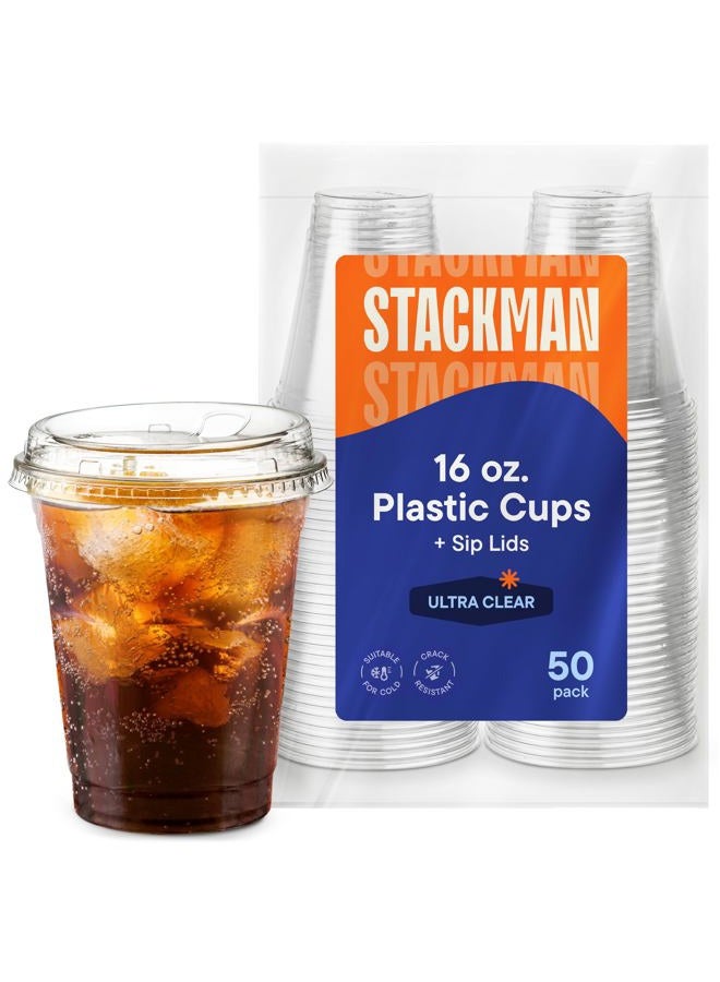 Stack Man 16 oz. Clear Cups with Strawless Sip-Lids, [50 Sets] PET Crystal Clear Disposable 16oz Plastic Cups with Lids - Image 1