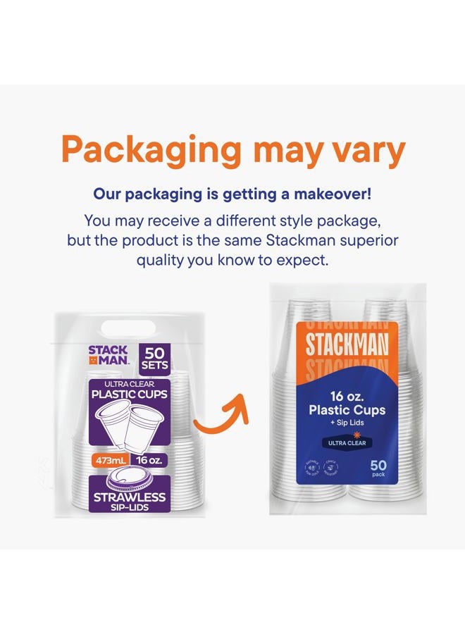 Stack Man 16 oz. Clear Cups with Strawless Sip-Lids, [50 Sets] PET Crystal Clear Disposable 16oz Plastic Cups with Lids - Image 5