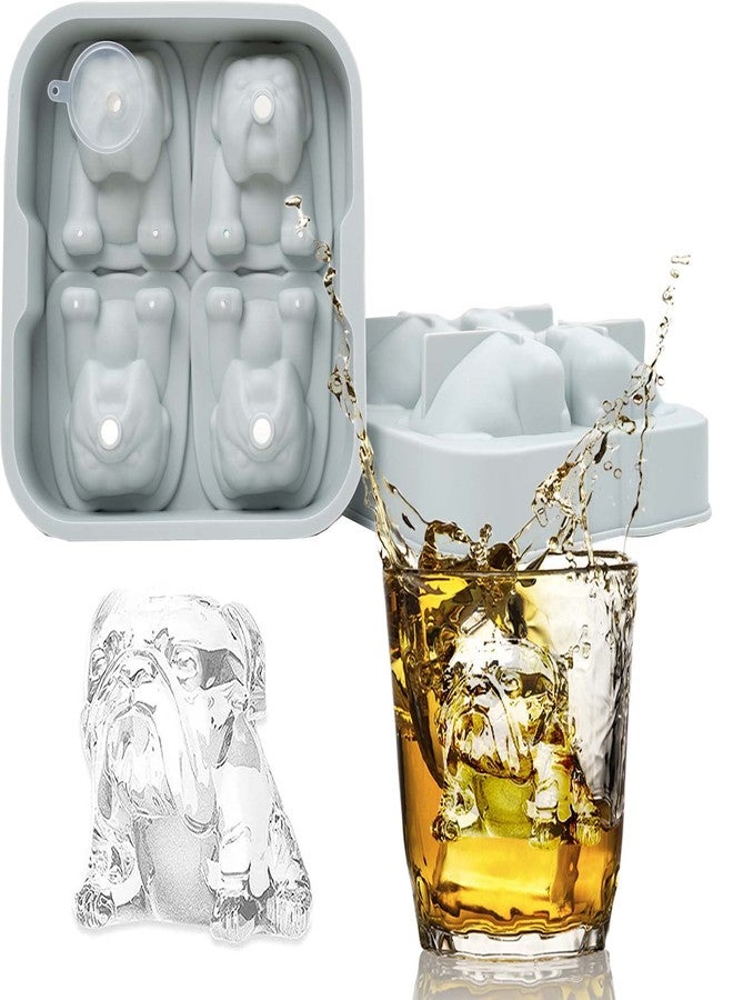 LYWUU قوالب مكعبات ثلج على شكل كلب بولدوغ، 4 تجاويف، سيليكون قابل لإعادة الاستخدام مع قمع، مناسبة للويسكي والمشروبات الروحية والكوكتيلات والبوربون، هدايا لمحبي كلاب البولدوغ (موراندي بلو) - Image 1