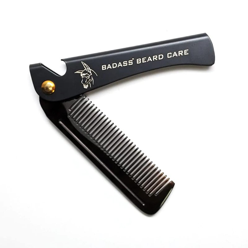 Badass Beard Care 2IN1 Folding Ox Horn Comb with Stainless Steel Body and Genuine Leather Protective Case
