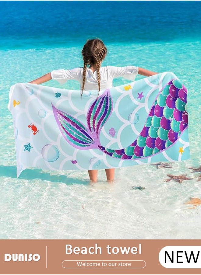 DUNISO Microfibers Beach Swimming Towel for Girls Kids,Super Soft Absorbent Quick Dry Lightweight Sand Free Bath Towel,Cute Fashion Mermaid Print Pool Beach Blanket,Perfect for Bath Sport Travel Beach Swimming Camping  - Image 1