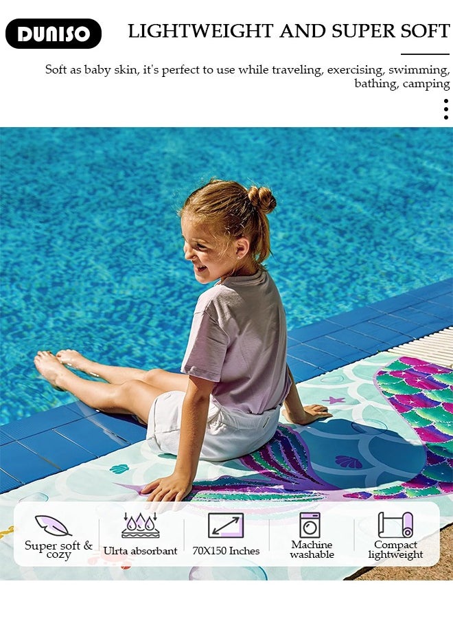 DUNISO Microfibers Beach Swimming Towel for Girls Kids,Super Soft Absorbent Quick Dry Lightweight Sand Free Bath Towel,Cute Fashion Mermaid Print Pool Beach Blanket,Perfect for Bath Sport Travel Beach Swimming Camping  - Image 2